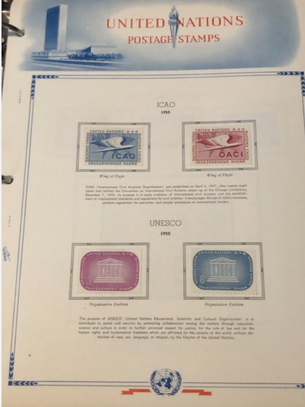 UN Postage Stamp Collection in 1962 White Ace Album - 233 mint stamps 1951-1970